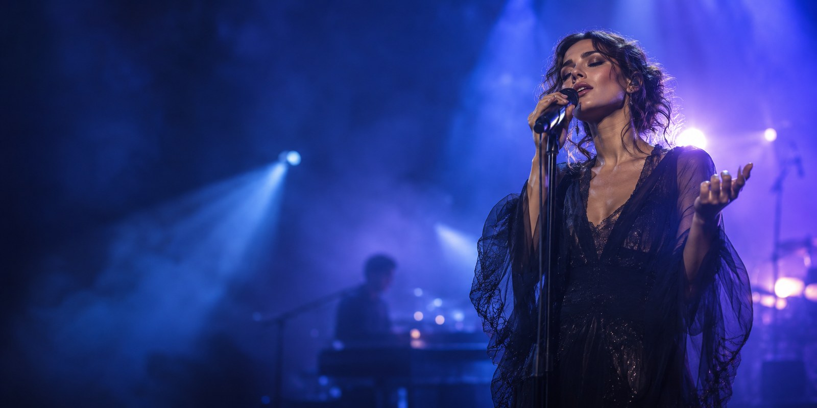 Singer performing on a blue and violet stage.